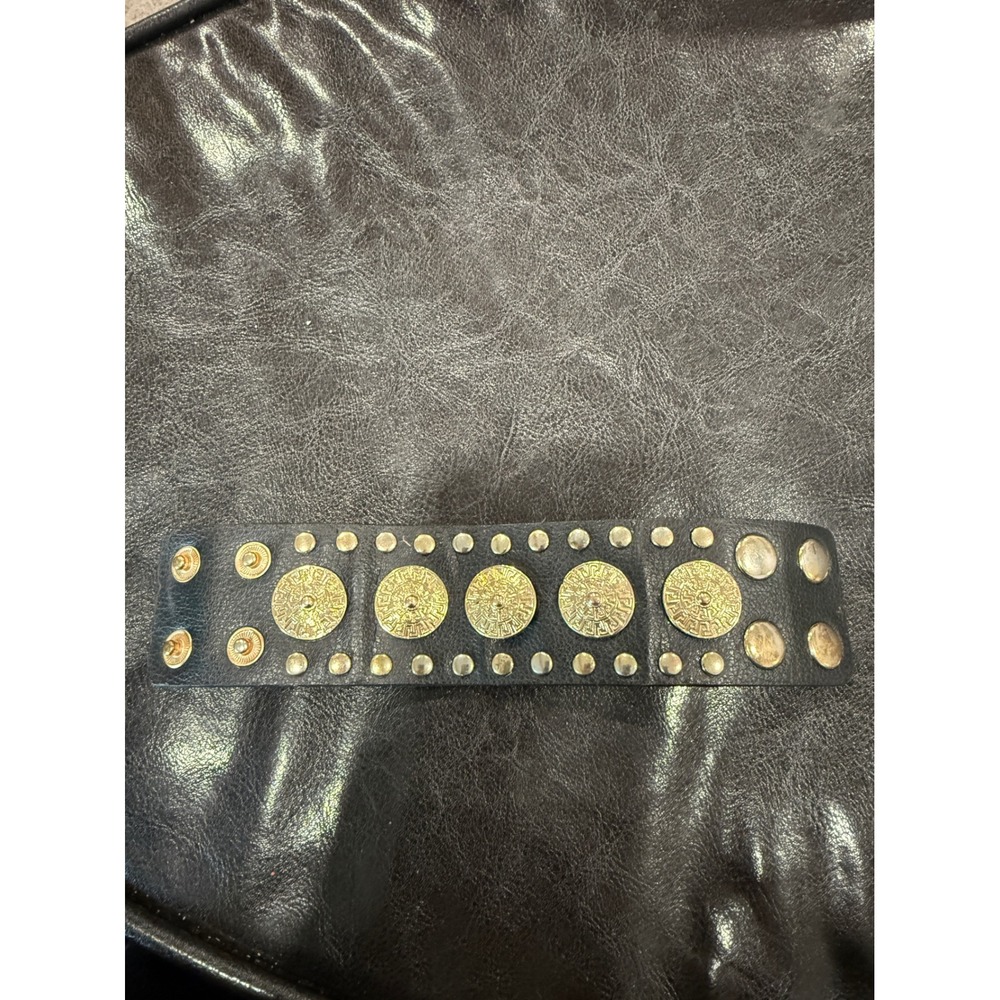 Unisex Leather Cuff Bracelet Gold Tone Medallions‎ Studded Rocker Punk Style